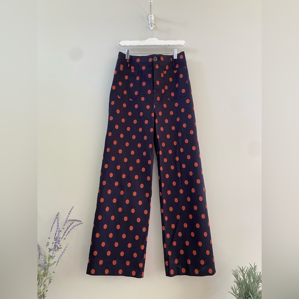 Anthropologie Maeve Colette 29 *Tall* Navy and Orange Polka Dot Pants
